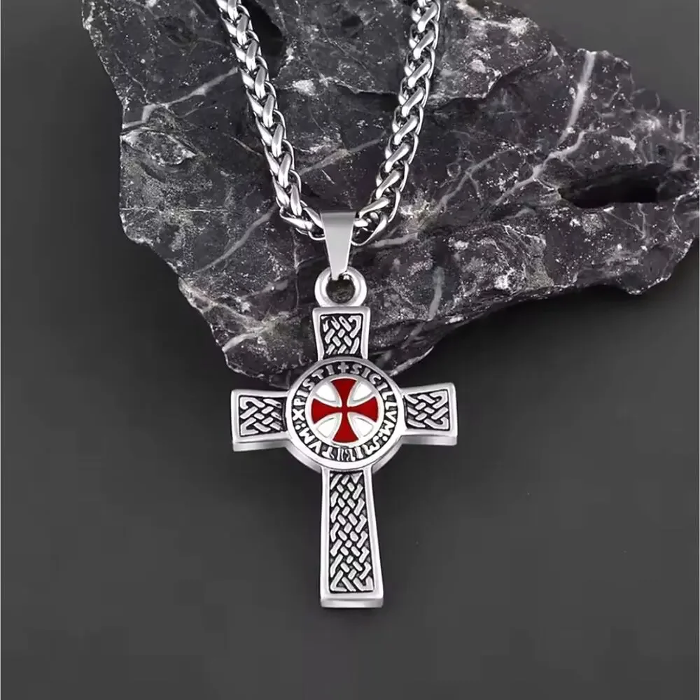 Silver & Red Cross Pendant Necklace Crusader Crusades Men's Christmas Birthday